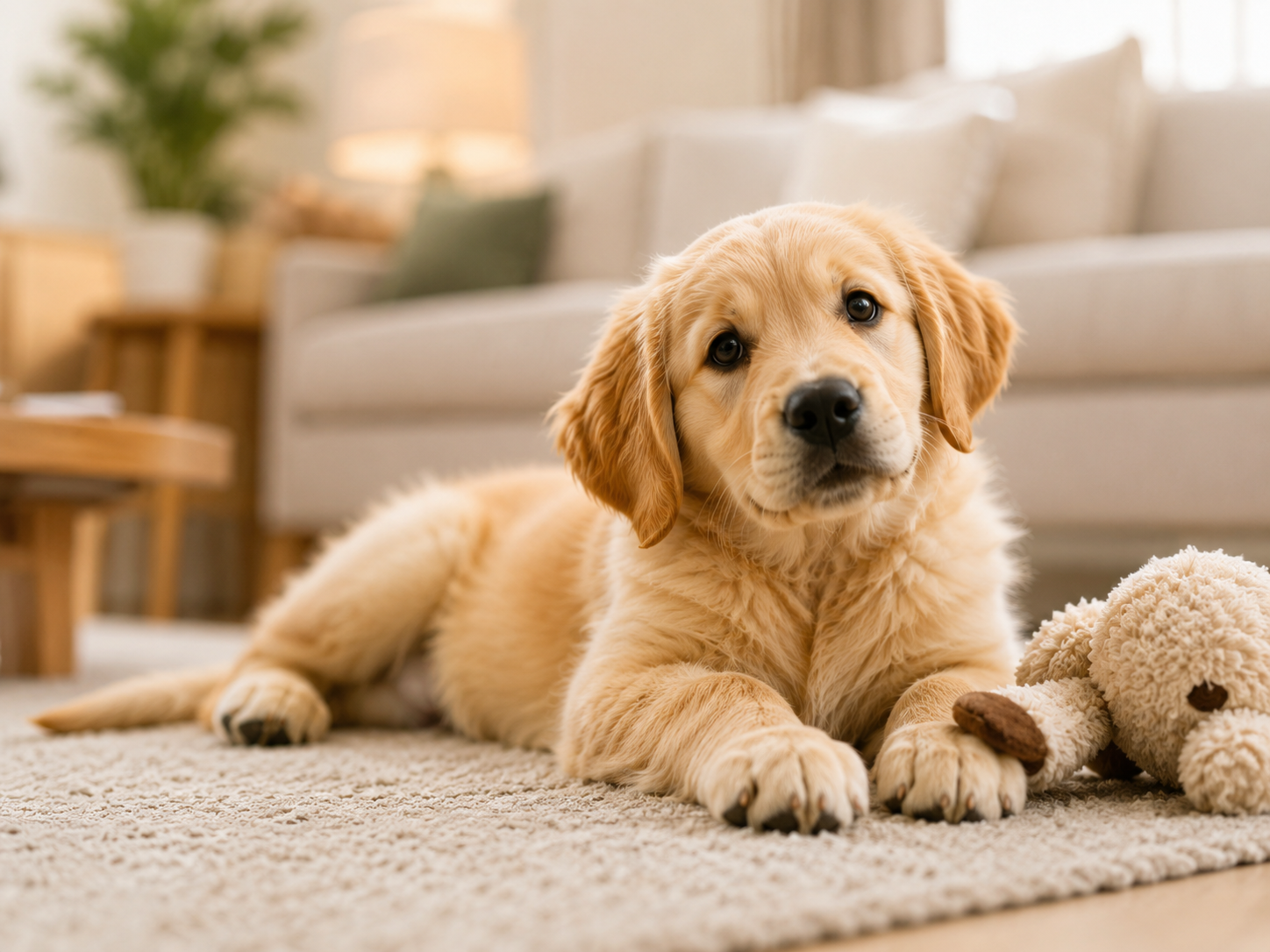 Golden retriever puppy resting at home