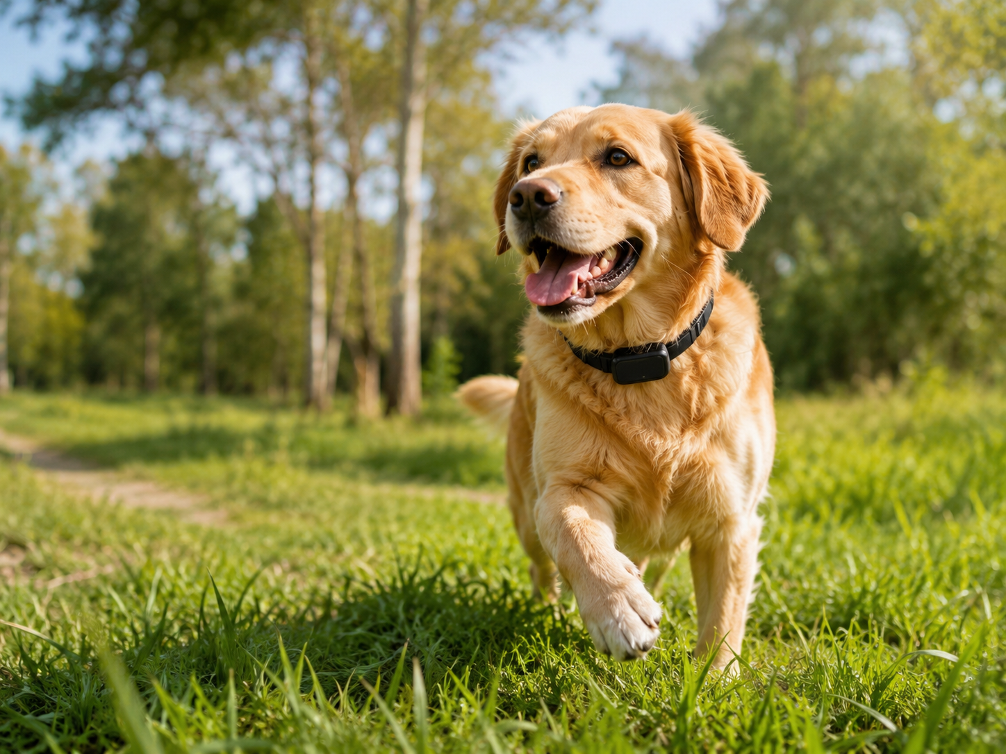 Dog wearing a GPS tracker outdoors